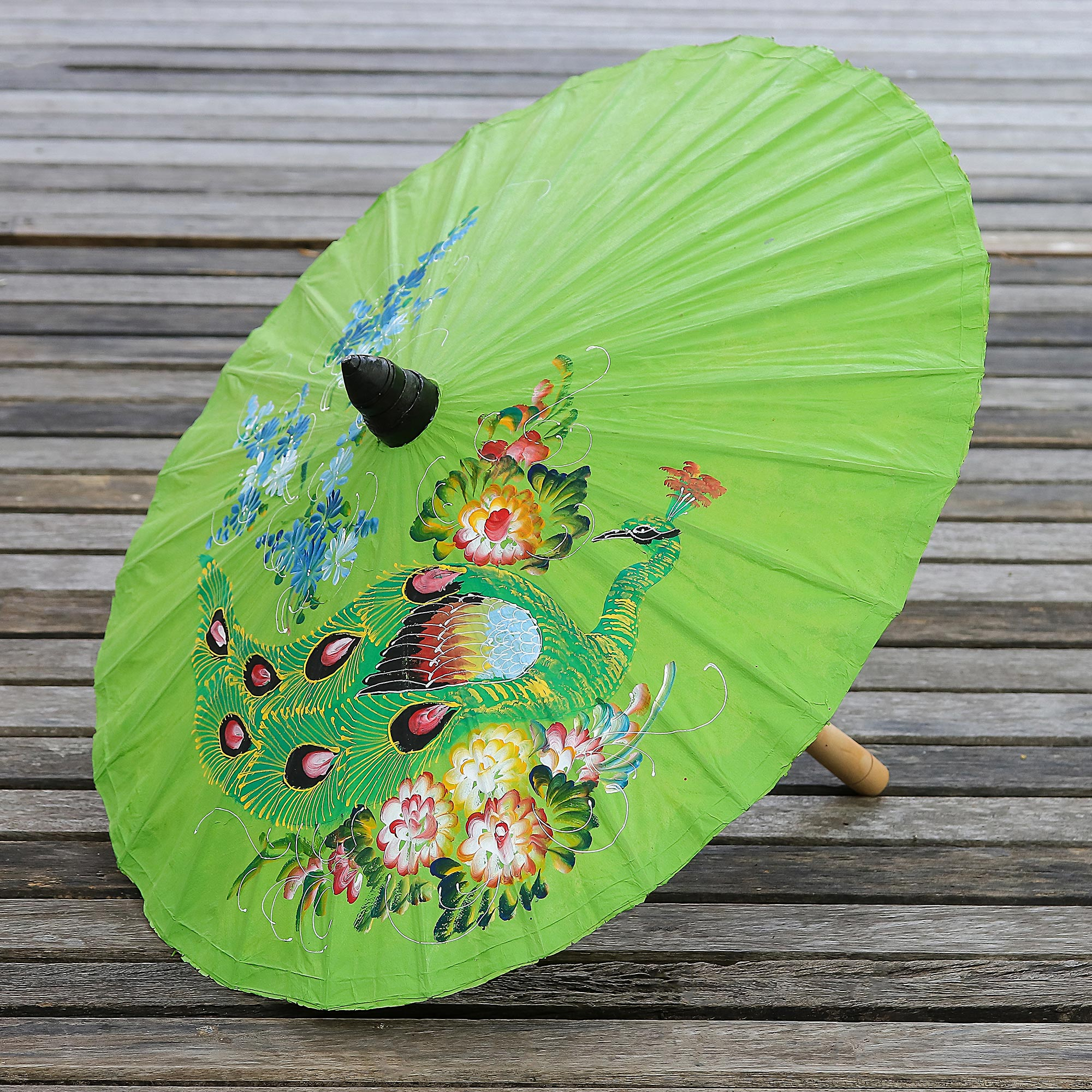 Peacock Paper Parasol in Lime Thailand - Sunny in Lime | NOVICA