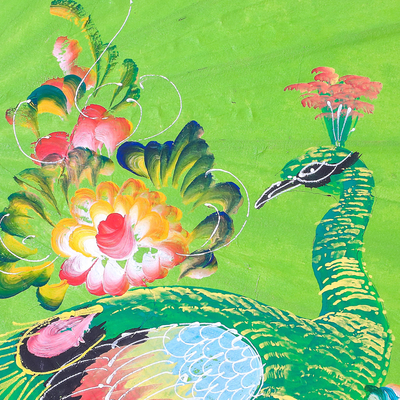 Paper parasol, 'Sunny Peacock in Lime' - Peacock Motif Paper Parasol in Lime from Thailand