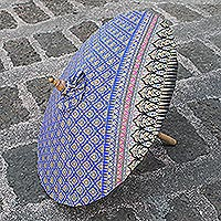 Cotton parasol, 'Thai Royalty in Blue' - Printed Cotton Parasol in Blue from Thailand