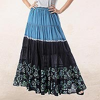 Batik cotton skirt, 'Boho Batik in Teal' - Batik Cotton Skirt in Teal and Onyx from Thailand