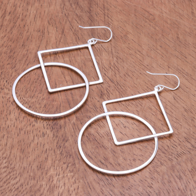 Sterling silver dangle earrings, 'Geometric Elegance' - Square and Circular Sterling Silver Dangle Earrings