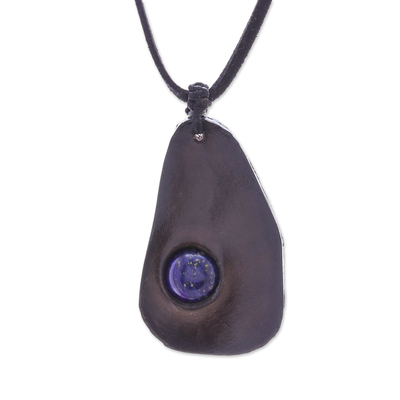 Lapis lazuli and leather pendant necklace, 'Stylish Avocado' - Lapis Lazuli and Leather Pendant Necklace from Thailand