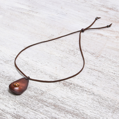 Tiger's eye and leather pendant necklace, 'Stylish Avocado' - Tiger's Eye and Leather Pendant Necklace from Thailand
