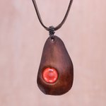 Carnelian and leather pendant necklace, 'Stylish Avocado' - Carnelian and Leather Pendant Necklace from Thailand