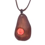 Carnelian and leather pendant necklace, 'Stylish Avocado' - Carnelian and Leather Pendant Necklace from Thailand