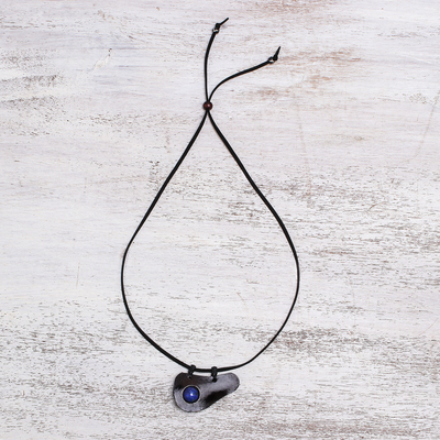 Lapis lazuli and leather pendant necklace, 'Beautiful Avocado' - Handmade Lapis Lazuli Pendant Necklace from Thailand