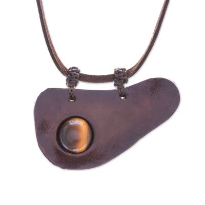 Tiger's eye and leather pendant necklace, 'Beautiful Avocado' - Handmade Tiger's Eye and Leather Pendant Necklace