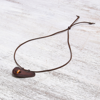 Tiger's eye and leather pendant necklace, 'Beautiful Avocado' - Handmade Tiger's Eye and Leather Pendant Necklace
