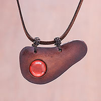 Carnelian and leather pendant necklace, 'Beautiful Avocado'