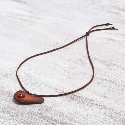 Carnelian and leather pendant necklace, 'Beautiful Avocado' - Handmade Carnelian and Leather Pendant Necklace