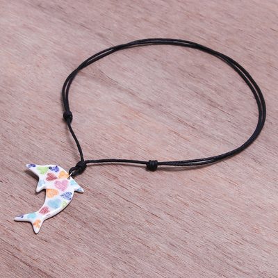 Ceramic pendant necklace, 'Heart Dolphin' - Ceramic Dolphin Necklace with Colorful Painted Heart Motifs