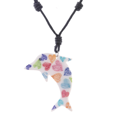 Ceramic pendant necklace, 'Heart Dolphin' - Ceramic Dolphin Necklace with Colorful Painted Heart Motifs