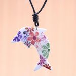 Ceramic pendant necklace, 'Floral Dolphin' - Ceramic Dolphin Necklace with Colorful Painted Floral Motifs