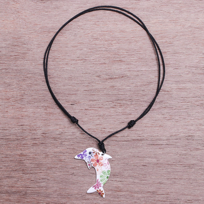 Ceramic pendant necklace, 'Floral Dolphin' - Ceramic Dolphin Necklace with Colorful Painted Floral Motifs