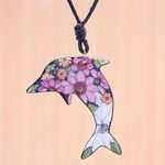 Ceramic pendant necklace, 'Spring Dolphin' - Ceramic Dolphin Necklace with Painted Floral Motifs