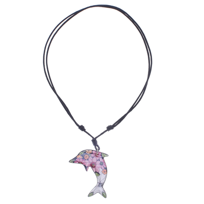 Halskette mit Keramikanhänger - Keramik-Delfin-Halskette mit bemalten Blumenmotiven