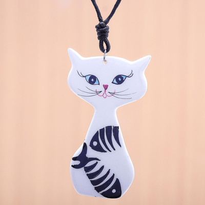 Halskette mit Keramikanhänger - Halskette mit Katzenanhänger aus Keramik mit bemalten Fischmotiven