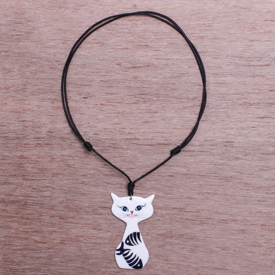 Ceramic pendant necklace, 'Content Cat' - Ceramic Cat Pendant Necklace with Painted Fish Motifs