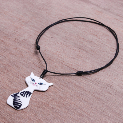 Ceramic pendant necklace, 'Content Cat' - Ceramic Cat Pendant Necklace with Painted Fish Motifs