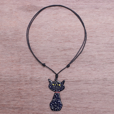 Ceramic pendant necklace, 'Musical Cat' - Ceramic Cat Pendant Necklace with Painted Music Motifs