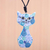 Collar colgante de cerámica - Collar con colgante de gato de cerámica con motivos florales pintados de azul