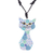 Ceramic pendant necklace, 'Blue Spring Cat' - Ceramic Cat Pendant Necklace with Blue Painted Floral Motifs