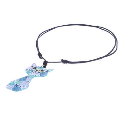 Halskette mit Keramikanhänger - Halskette mit Katzenanhänger aus Keramik mit blau bemalten Blumenmotiven