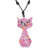 Ceramic pendant necklace, 'Pink Spring Cat' - Ceramic Cat Pendant Necklace with Pink Painted Floral Motifs