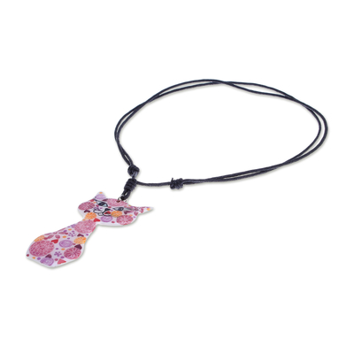 Halskette mit Keramikanhänger - Halskette mit Katzenanhänger aus Keramik mit rosa bemalten Blumenmotiven