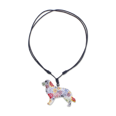 Halskette mit Keramikanhänger - Halskette mit Hundeanhänger aus Keramik mit bemalten Blumenmotiven