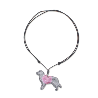 Ceramic pendant necklace, 'Cosmic Dog' - Ceramic Dog Pendant Necklace with Purple Painted Motifs