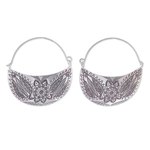Silver hoop earrings, 'Karen Crescent' - Floral Karen Silver Hoop Earrings from Thailand
