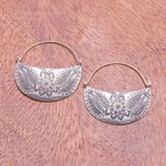 Silver hoop earrings, 'Karen Crescent' - Floral Karen Silver Hoop Earrings from Thailand