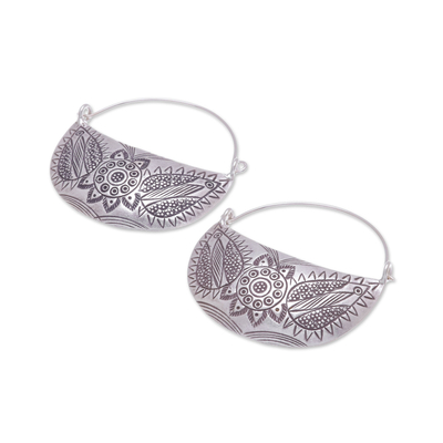 Silver hoop earrings, 'Karen Crescent' - Floral Karen Silver Hoop Earrings from Thailand