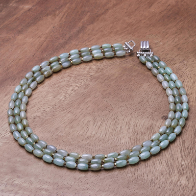 Jade beaded strand necklace, 'Graceful Palace' - Jade and Hematite Beaded Strand Necklace from Thailand