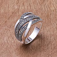 Sterling silver band ring, 'Still Enamored' - Sterling Silver and Marcasite Band Ring from Thailand