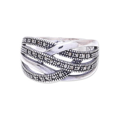 Sterling silver band ring, 'Still Enamored' - Sterling Silver and Marcasite Band Ring from Thailand
