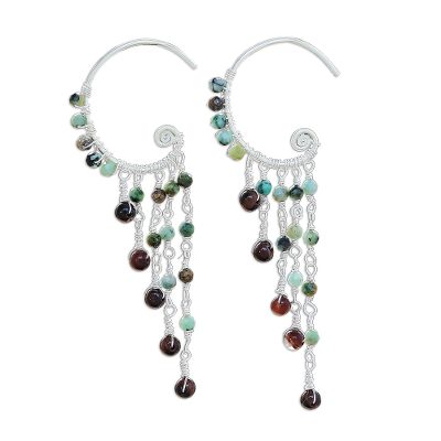 Tiger's eye and reconstituted turquoise beaded waterfall earrings, 'Crescent Waterfall' - Tiger's Eye and Reconstituted Turquoise Waterfall Earrings