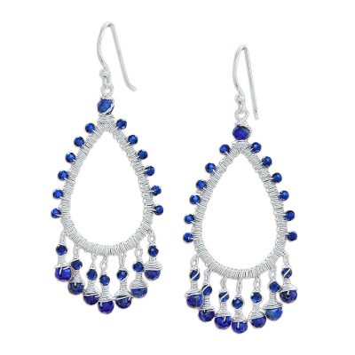 Lapis lazuli and quartz beaded chandelier earrings, 'Beautiful Dew' - Lapis Lazuli and Quartz Chandelier Earrings from Thailand