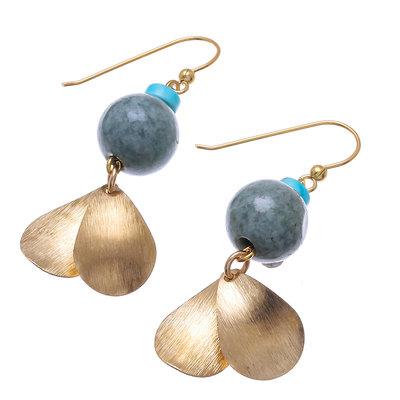 Jade dangle earrings, 'Golden Ancient' - Jade Dangle Earrings Crafted in Thailand