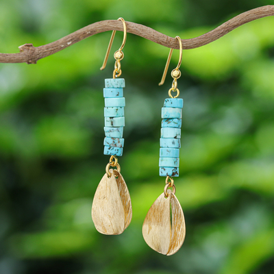 Brass and reconstituted turquoise dangle earrings, Sea Gold