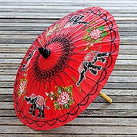 Paper parasol, 'Elephant Parade in Crimson' - Elephant Motif Paper Parasol in Crimson from Thailand