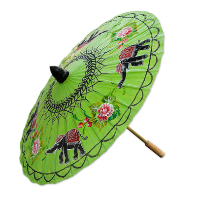 Paper parasol, 'Elephant Parade in Lime' - Elephant Motif Paper Parasol in Lime from Thailand
