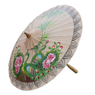 Paper parasol, 'Peacock Garden' - Peacock-Themed Paper Parasol from Thailand