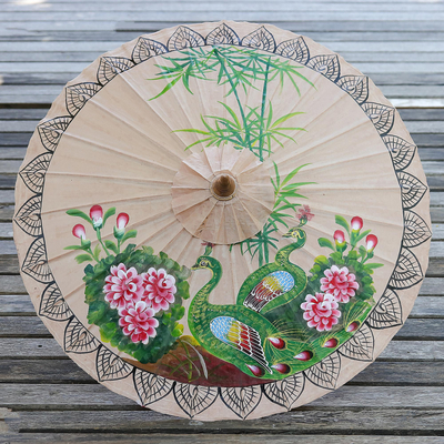 Paper parasol, 'Peacock Garden' - Peacock-Themed Paper Parasol from Thailand