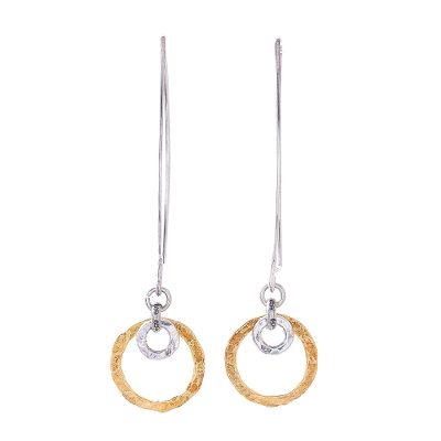 Gold accented silver dangle earrings, 'Patterned Rings' - Gold Accented Silver Dangle Earrings from Thailand