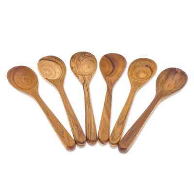 Teak wood dessert spoons, 'Sweet Nature' (set of 6) - Handmade Teak Wood Dessert Spoons from Thailand (Set of 6)