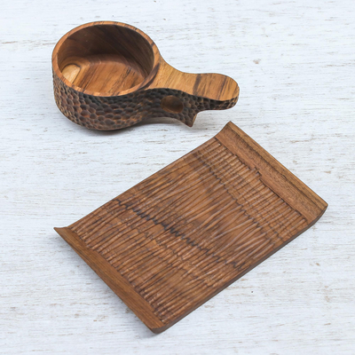 Teak wood cup and saucer, 'Natural Blend in Dark Brown' - Handmade Teak Wood Cup and Saucer in Dark Brown
