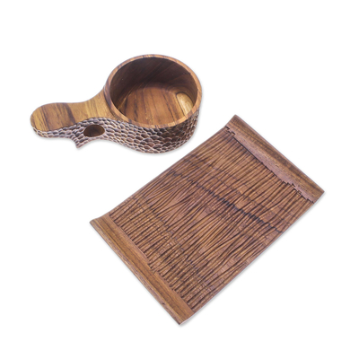 Teak wood cup and saucer, 'Natural Blend in Dark Brown' - Handmade Teak Wood Cup and Saucer in Dark Brown