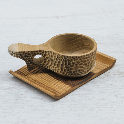 Teak wood cup and saucer, 'Natural Blend in Light Brown' - Handmade Teak Wood Cup and Saucer in Light Brown